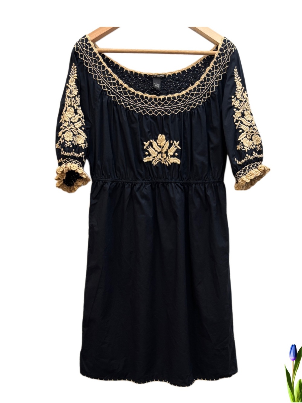 Lucky Brand Black Midi Dress with Gold Embroidery